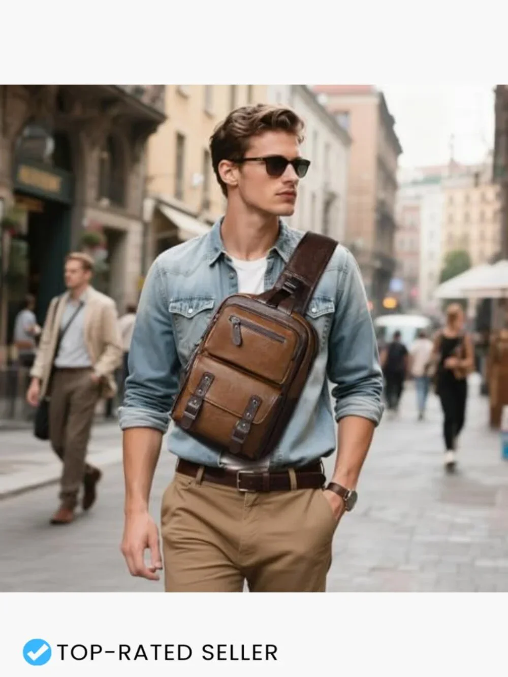 Vintage PU Leather Sling Backpack Crossbody Bag Adjustable Strap Multi-Pocket